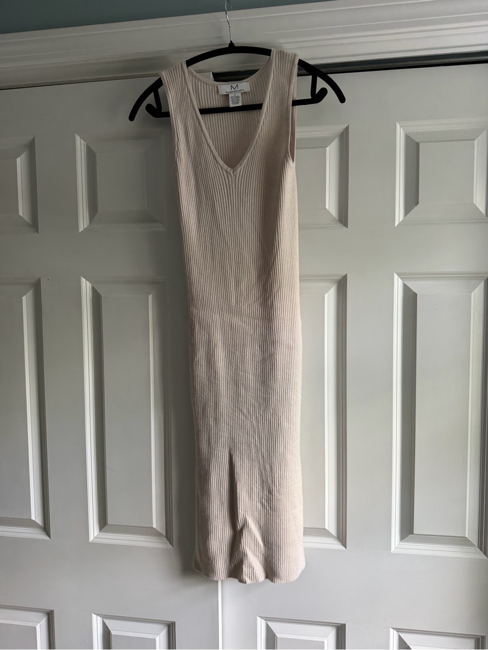 Magaschoni Ribbed V-Neck Sleeveless Midi Dress in Light Beige